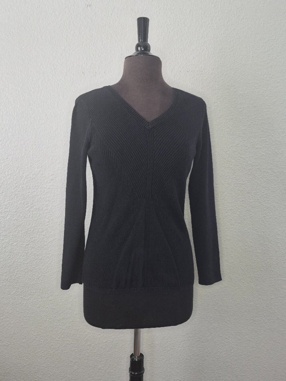 DKNY Jeans Women's Black Ribbed V-Neck Sweater Long Sleeve Pullover Knit Size:XL